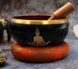 Lrg Buddha Singing Bowl Set- Black/Orange 14cm