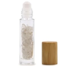 Gemstone Essential Oil Roller Bottle - Rock Quartz  - Wooden Cap + Gemstone Roller Tip for 5ml Bottle - Rock Quartz
