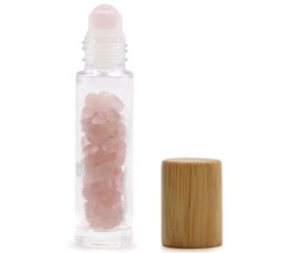 Gemstone Essential Oil Roller Bottle - Rose Quartz  - Wooden Cap + Gemstone Roller Tip for 5ml Bottle - Rose Quartz