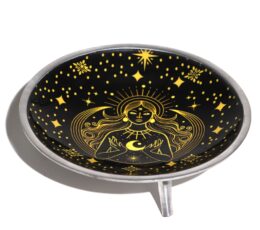 Triple Leg  Enamelled  Offering Plate - Gold Goddess on Black
